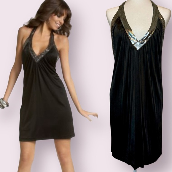 BCBGMaxazria Halter Mini Dress Chainmail Trim Black Size Large - Picture 1 of 13